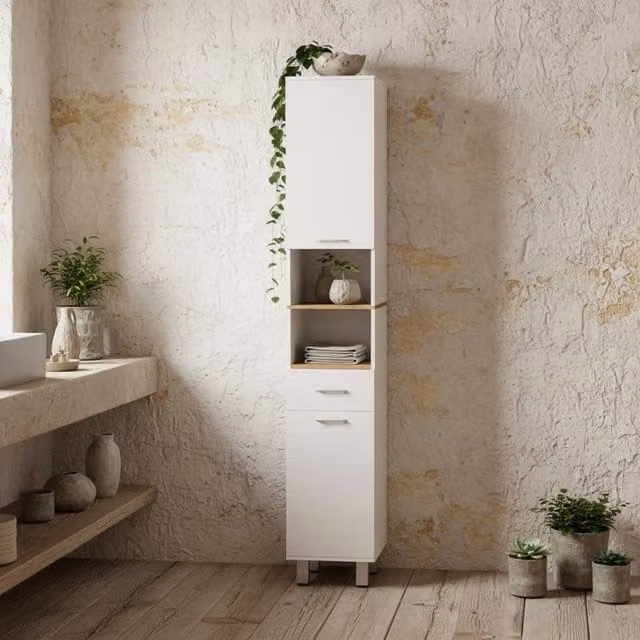 Wyld Haus Tall Slim High Gloss White Storage Cabinet with Drawers, Shelves and Double Doors – 1