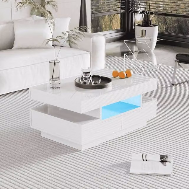 STILVORA Modern White Glossy Coffee Table with LED Light and 4 Drawers – 1