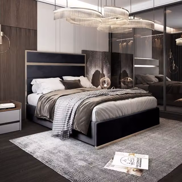 KDMD Bentley Super King Upholstered Velvet Bed Frame in Black with Metal Details, W/D/H: 200 x 189 x 137 cm
