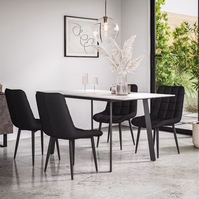 More4Homes Haydon Extending Marble Effect Dining Table Set with 6 Nova Faux Leather Chairs in Black and White, W/D/H: 120 x 80 x 76 cm