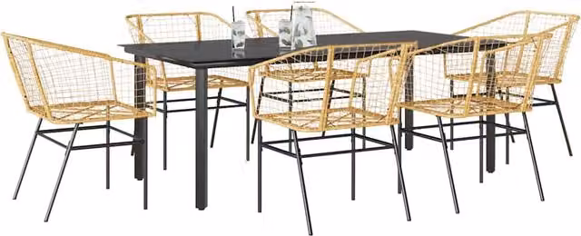 Berkfield Home 7 Piece Brown Poly Rattan Garden Dining Set with Glass Table