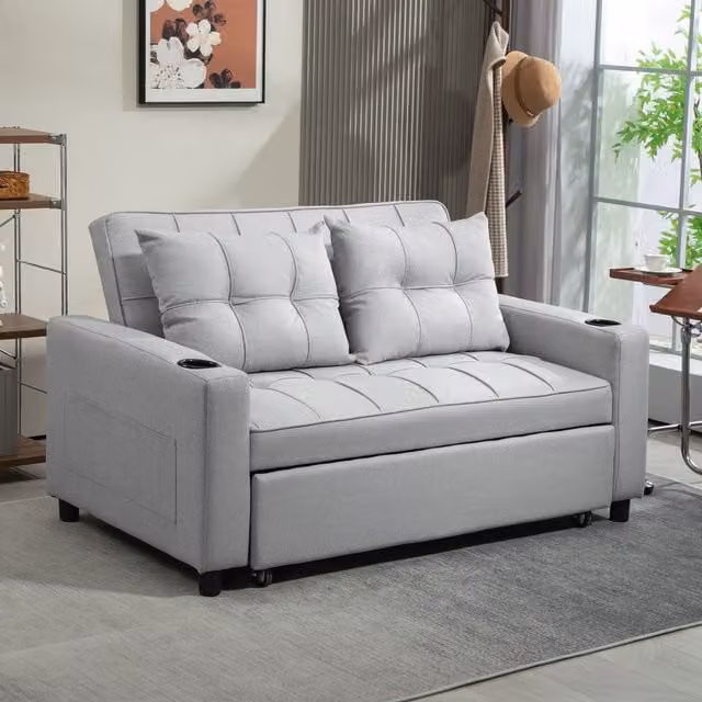 HOMCOM 2 Seater Pull Out Sofa Bed with Fabric Upholstery and Scatter Cushions in Light Grey