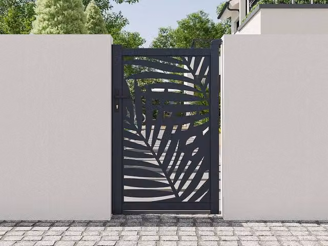 Vente-unique Laser Cut Aluminium Swing Gate with Tropical Pattern in Dark Grey, W: 103 cm, H: 166 cm