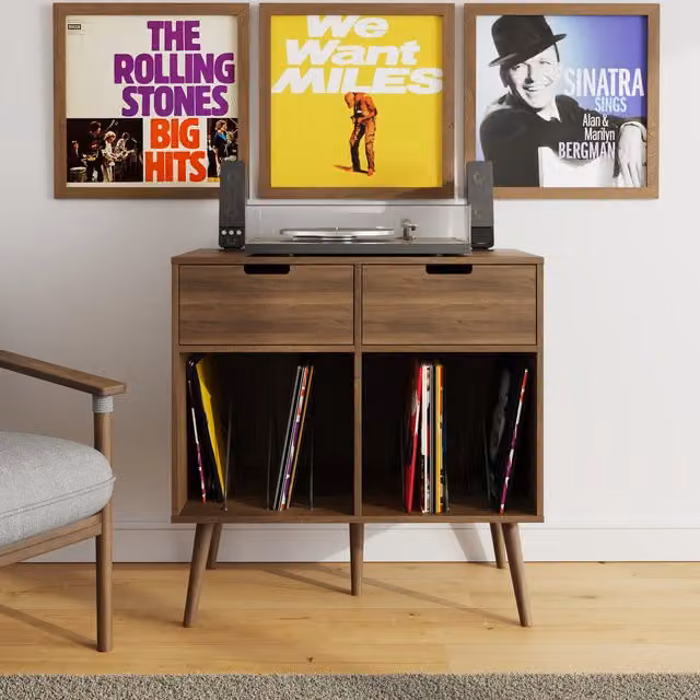 GFW Mid Century Jaxon 2 Drawer Vinyl Turntable Stand in Brown