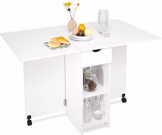 EONLION White Folding Drop Leaf Dining Table with Castors, W: 100 cm, H: 75 cm, D: 72 cm