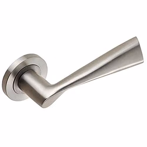 Loops Pair of Angular Design Lever Door Handles on Round Rose in Brushed Satin Stainless Steel Silver