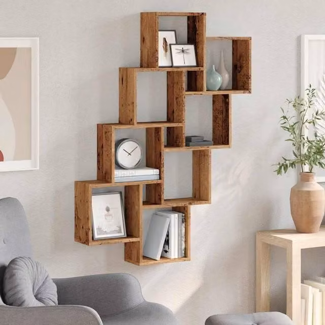 Berkfield Home Wall Mounted Cube Shelf in Old Wood Brown, W/D/H: 90 x 15 x 119.5 cm – 1