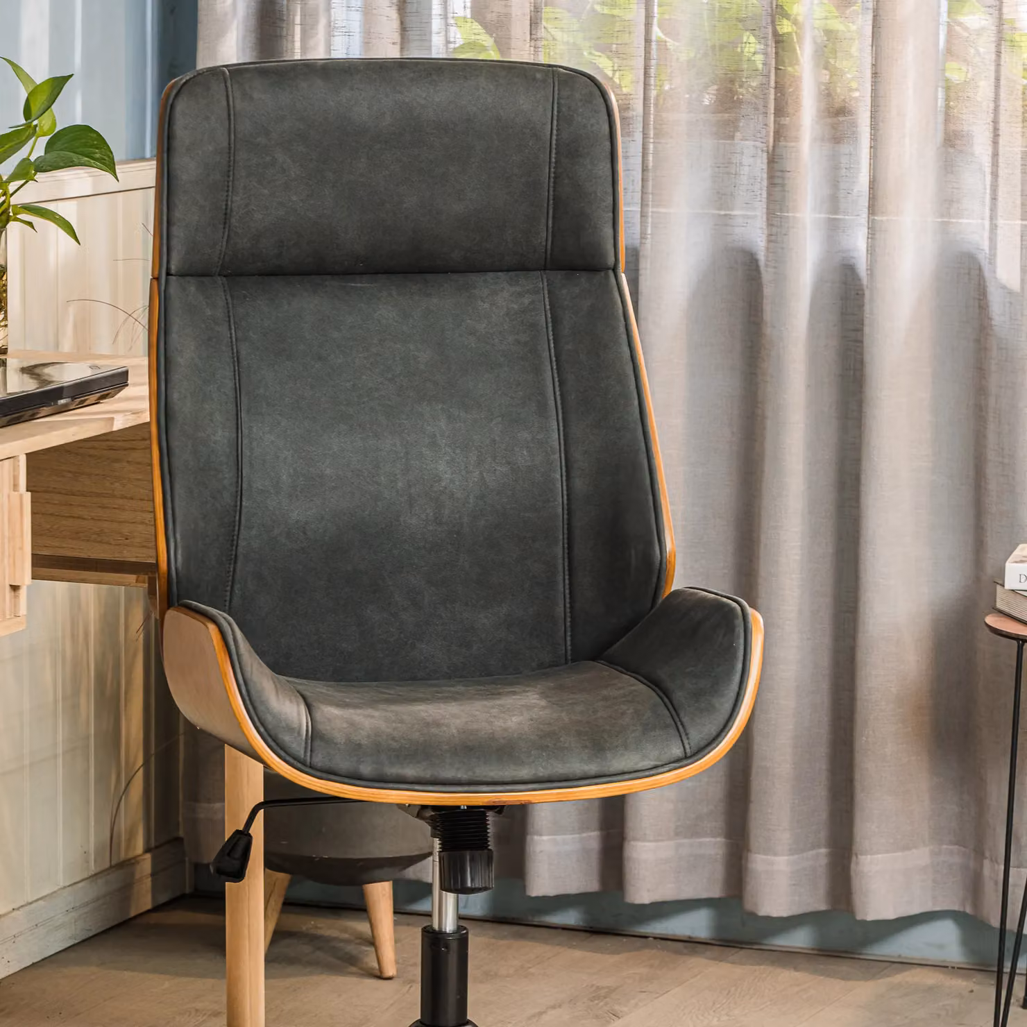 Victoria M Ergonomic Black Design Office Chair with Synthetic Leather and Wood Accents – 3