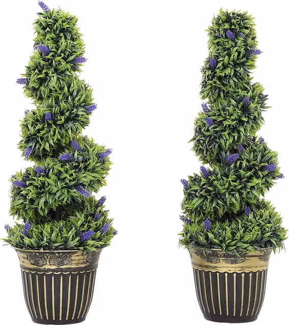 HOMCOM Set of 2 Green Artificial Boxwood Spiral Topiary Trees with Lavender and Pots, Height: 90 cm
