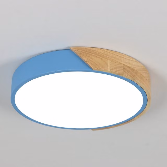 GOECO Modern Round LED Ceiling Light, 24W, 6500K, Blue and Wood, Diameter: 30 cm