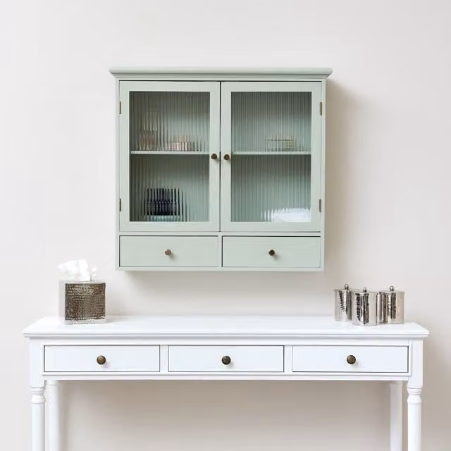 Melody Maison Sage Green Lacquered Wall Mounted Cabinet with Glass Doors and Drawers