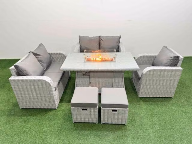 Fimous High Back Poly Rattan Garden Furniture Set in Light Grey with Reclining Chair, Loveseat Sofa, Firepit Dining Table and 2 Stools
