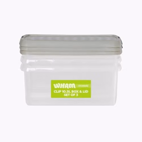 Wham 3 x 10.5L Rectangular Stackable Plastic Storage Boxes with Lids, Transparent and Beige – 1