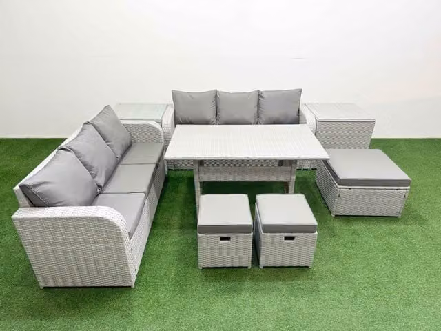 Fimous 9 Seater Grey Wicker Rattan Garden Furniture Set with Rectangular Dining Table, High Back Lounge Sofa, 3 Stools and 2 Side Tables
