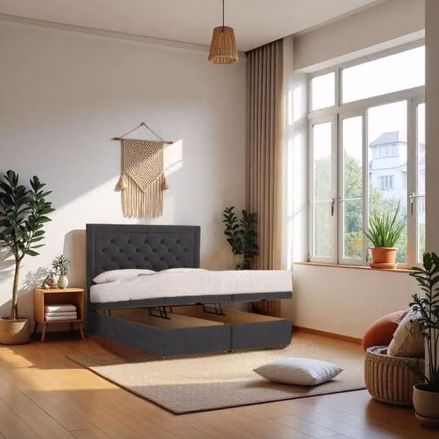 Knight Sleep Athens Small Single Plush Fabric Ottoman Bed with Mattress and 24 inch Headboard in Charcoal