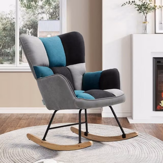 Komore Modern Abstract Upholstered Shell Rocking Chair with Armrests in Multicolour