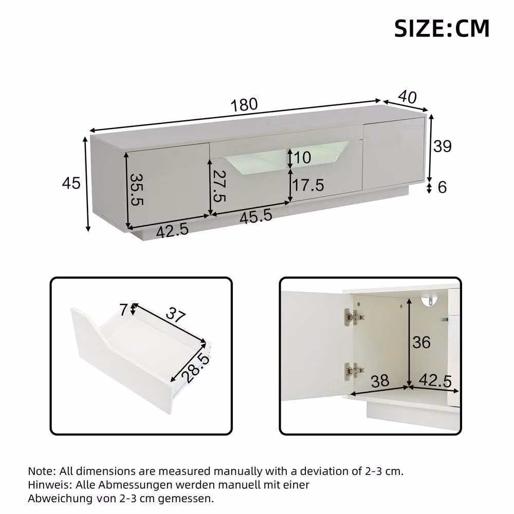 BTM High Gloss TV Stand with LED, 2 Doors and 2 Drawers, White, W: 180 cm, D: 40 cm, H: 45 cm – 4