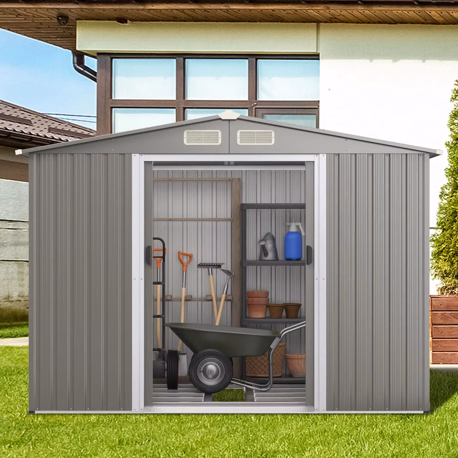 Gymax Weather-resistant Galvanised Steel Outdoor Storage Shed with Sliding Doors, Light Grey, W: 243.84 cm, D: 182.88 cm, H: 182.88 cm – 2