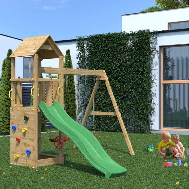 Shire Garden Buildings Sky High Hideout Multicolour Wooden Play Tower with Slide and Swing