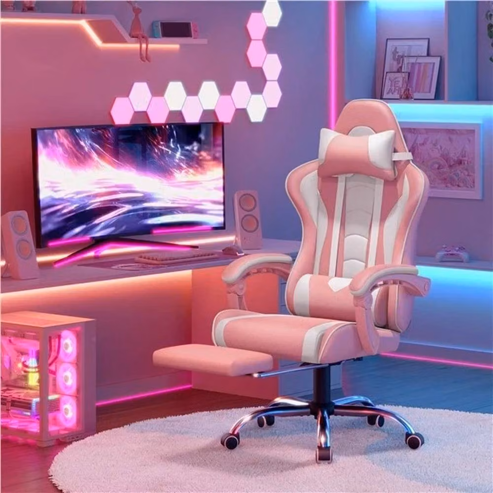 KORVIXA Ergonomic Reclining Swivel Gaming Chair in Pink with Headrest and Synthetic Leather – 2
