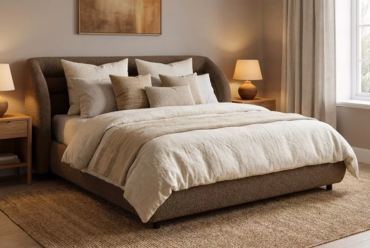 Araco Atelier Drift Upholstered Modern Bed in Porcini Brown and Beige Fabric