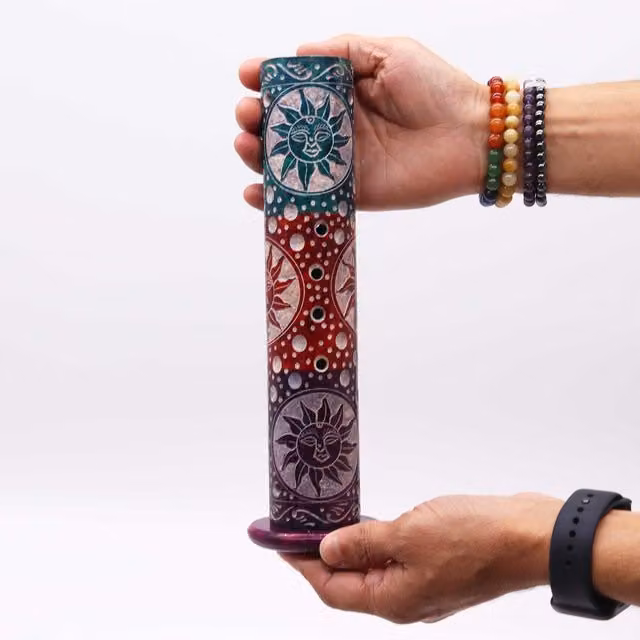 Suns Soapstone Round Tower Incense Holder with Elegant Smoke Flow Design in Multicolour