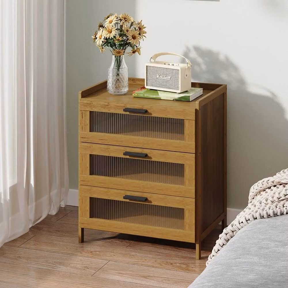 EONLION Brown Wooden Bedroom Bedside Cabinet with 3 Drawers and Clear Door, Height: 100 cm, Width: 50 cm, Depth: 40 cm – 3