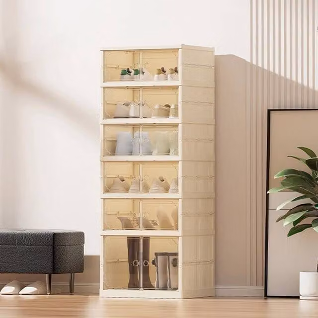 KORVIXA 6 Tier Plastic Wardrobe Storage Box in Beige and Transparent, W: 80 cm, H: 118.5 cm – 1
