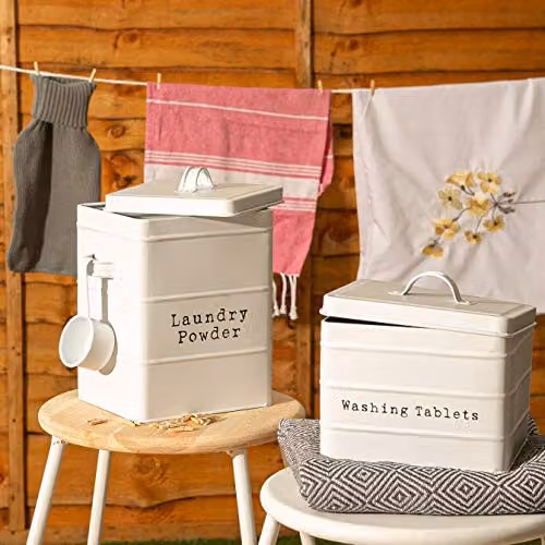 Harbour Housewares Utility Canister Storage Set - 2pc Metal Kitchen and Laundry Organisation Tins - Beige/White – 2