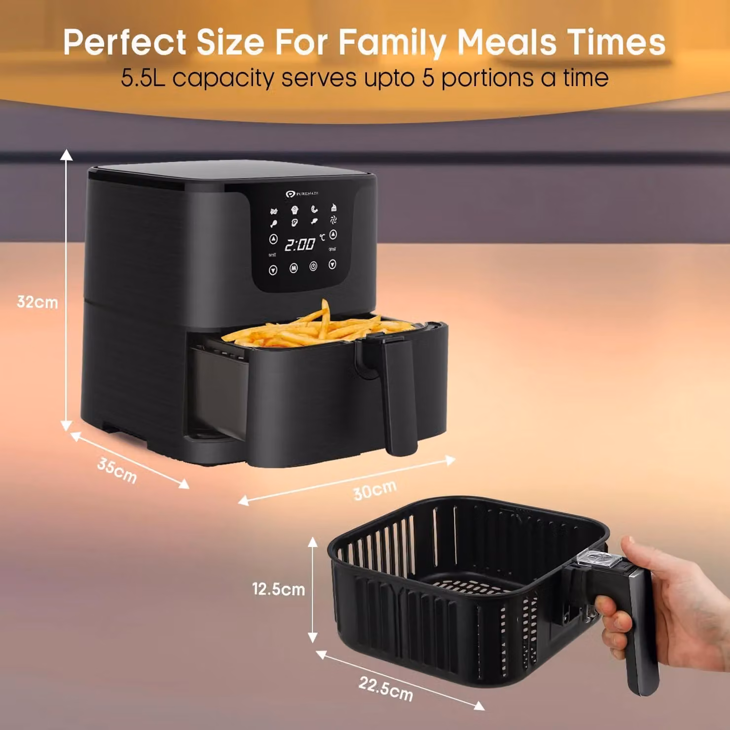 PureMate 5.5L Digital Air Fryer in Black with LED Display, Timer and Dishwasher Safe Parts – 3