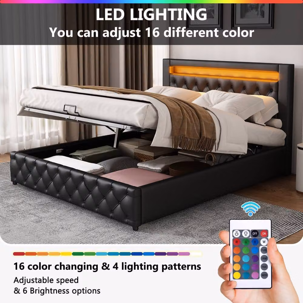 ModernLuxe Upholstered Double Ottoman Bed with LED Under-Bed Lighting and Storage in Black – 7