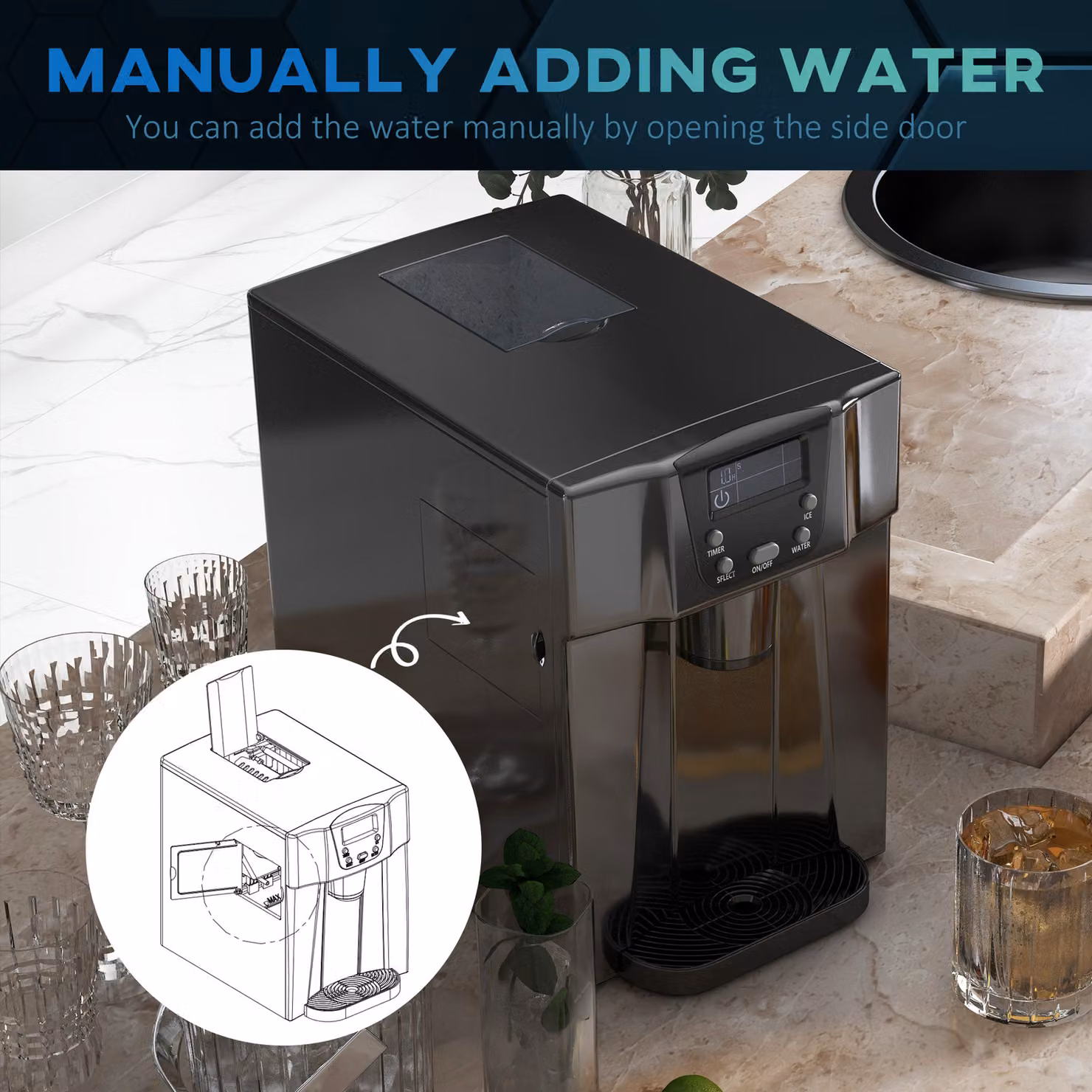 HOMCOM Countertop Ice Maker Machine and Water Dispenser in Black with 3L Tank and Adjustable Cube Size – 7