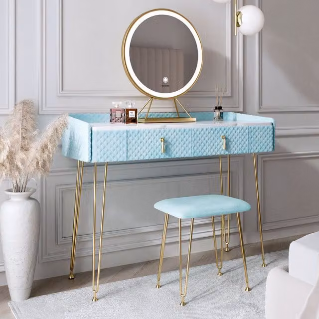 CARME Hollywood LED Mirror Dressing Table in Blue, Gold and White with Marble Top
