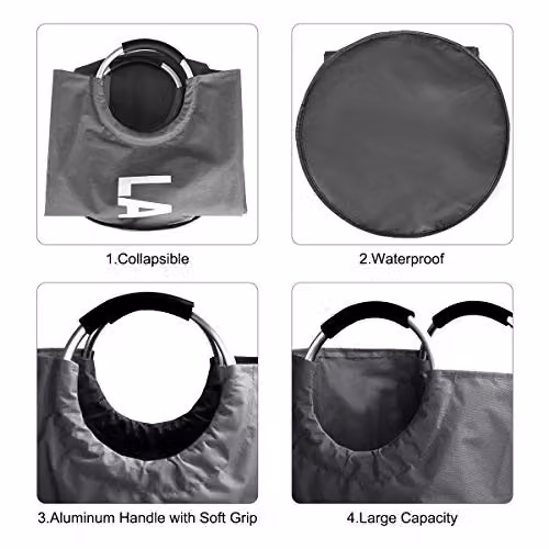 KAV Collapsible Oxford Fabric Laundry Basket with Aluminium and Rubber Handles, 82L, Grey – 3