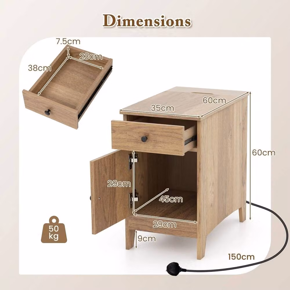 FORGEVIO Narrow Nightstand End Table with Charging Station in Natural Wood and Metal Finish – 2