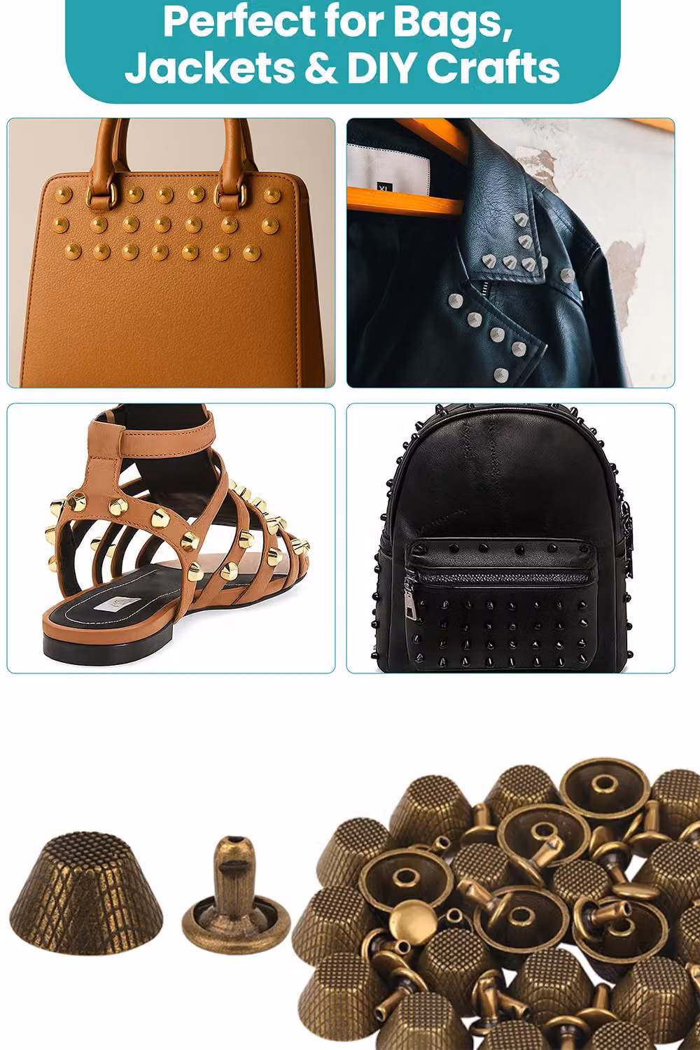 Neel Blue Etched Mushroom Bag Feet Rivets with 9mm Tubular Studs, 14mm, Bronze, 25pcs – 5