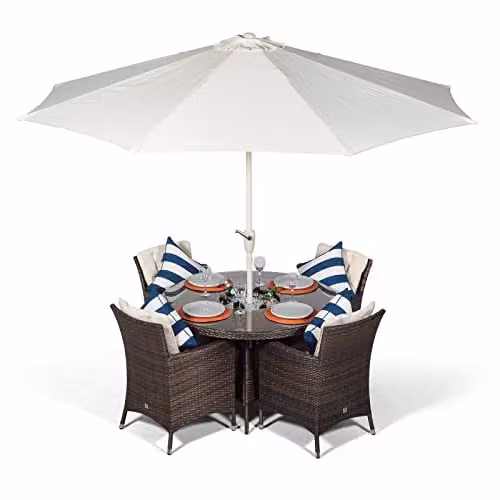 Thats Furniture Savannah 4 Seater Round Rattan Garden Dining Set with Ice Bucket Cooler in Brown and Grey, Diameter: 120 cm – 1