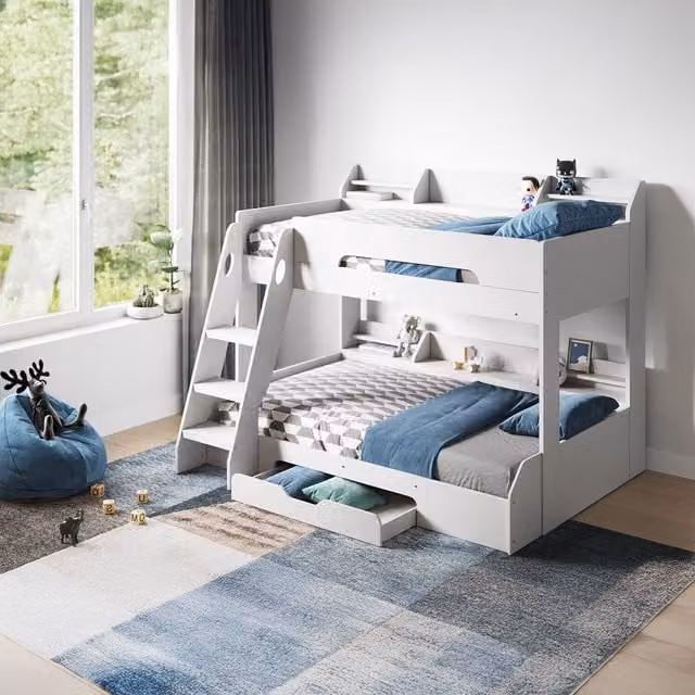 Flair Flick Triple Bunk Bed with Storage and Stairs in White, Single Size