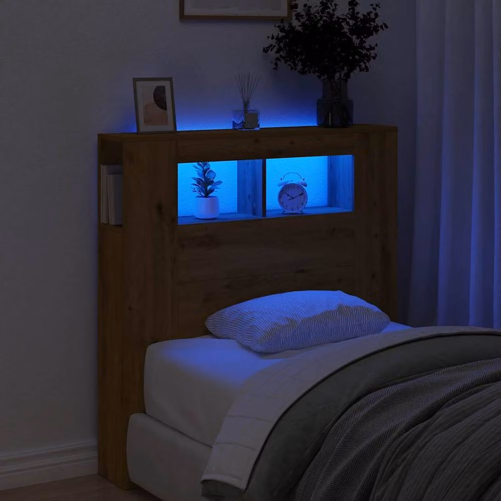 Berkfield Home Artisan Oak LED Headboard in Brown with Integrated Shelf and USB Charging Port, W/D/H: 100 x 18.5 x 103.5 cm – 4