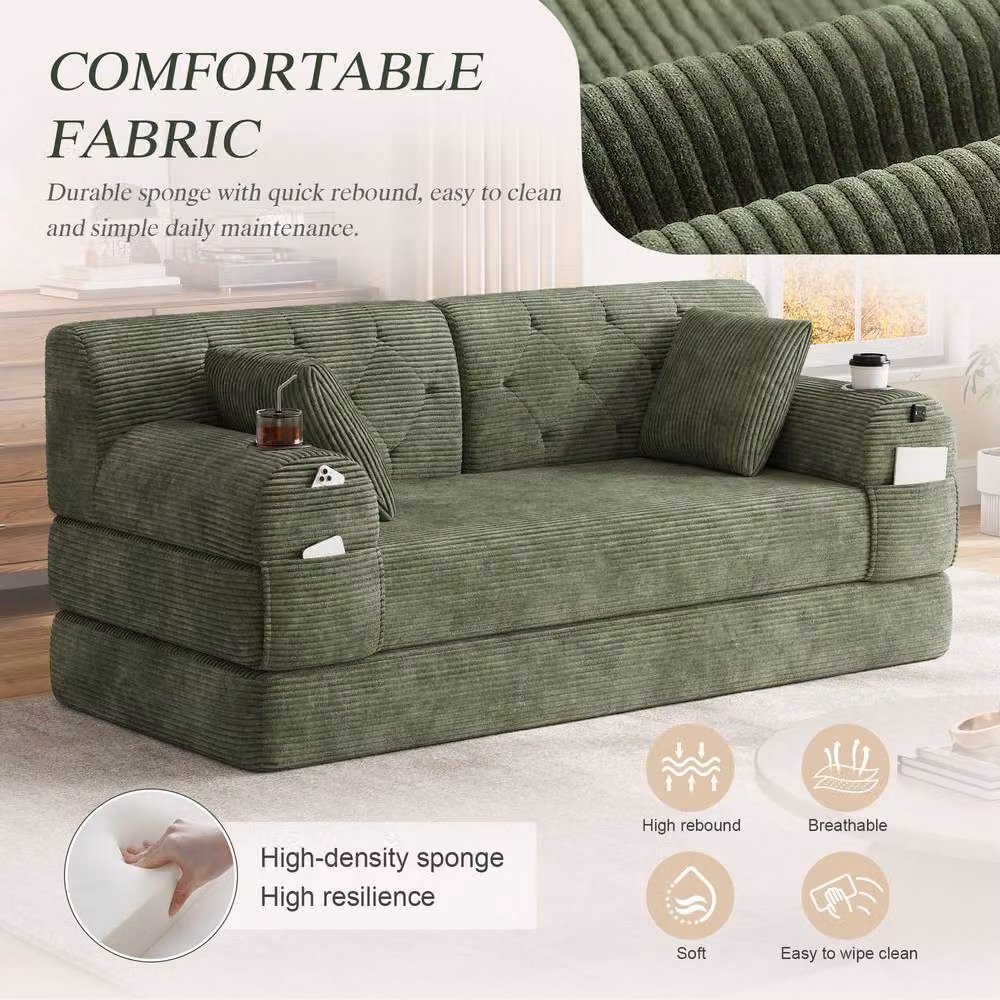 BTM 2 Seater Corduroy Sleeper Sofa with Cup Holders and Side Pockets, Green, W/D/H: 168 x 80 x 81 cm – 3