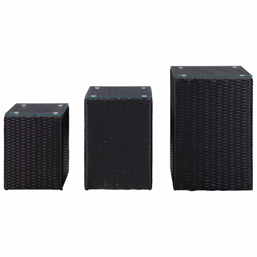 Berkfield Home Set of 3 Modern Black Poly Rattan Side Tables with Glass Tops – 2