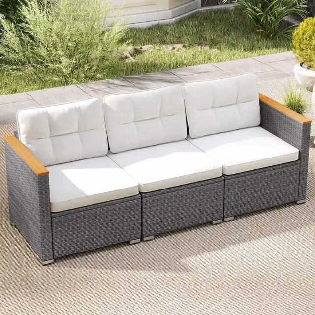 Costway 3-Seat Modern Patio Couch Sofa in White with Acacia Wood and Rattan W: 180 cm, D: 60 cm