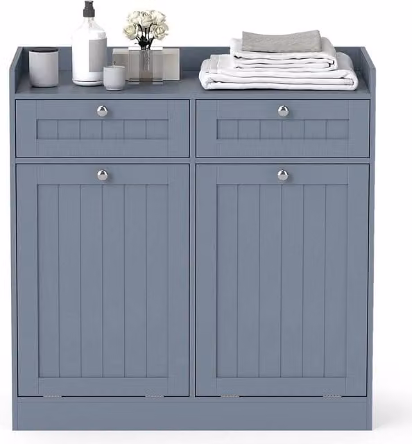 FORGEVIO Double Tilt-Out Laundry Hamper Cabinet in Grey with Internal Shelves and Hinged Doors – 1