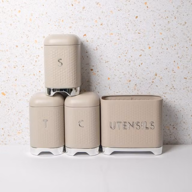 KitchenCraft Geometric Textured Sugar, Coffee and Tea Canister Set in Beige