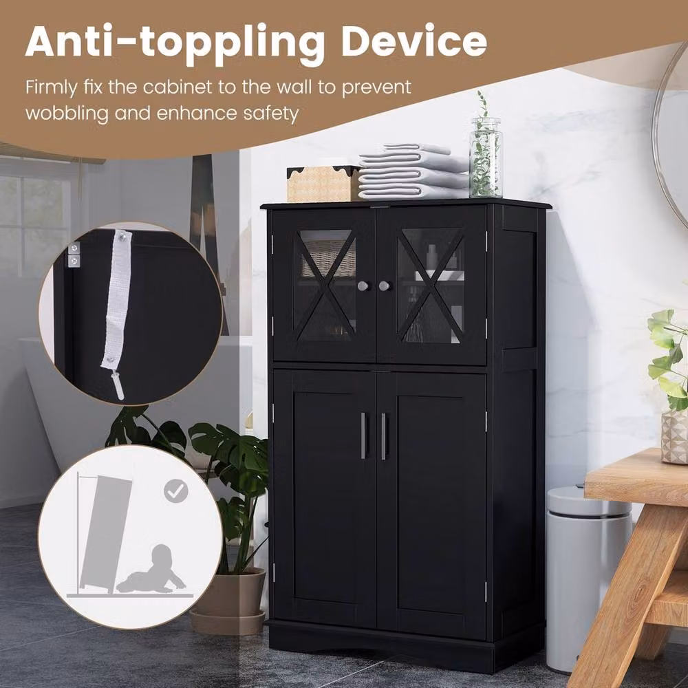 Havendro Black Matt Freestanding Bathroom Linen Storage Cabinet with Glass Doors and Internal Shelves – 5