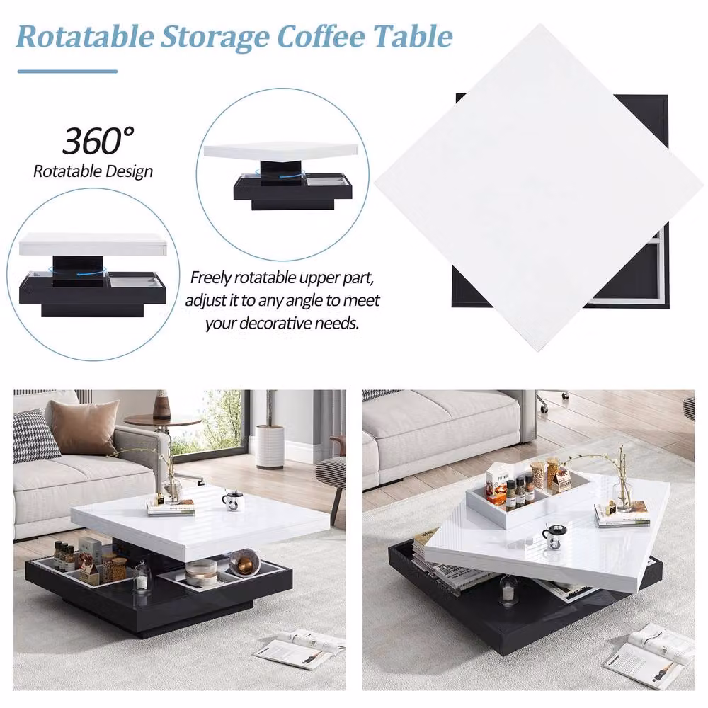Matteo Modern High-Gloss Rotating Coffee Table with Storage in White and Black – 4