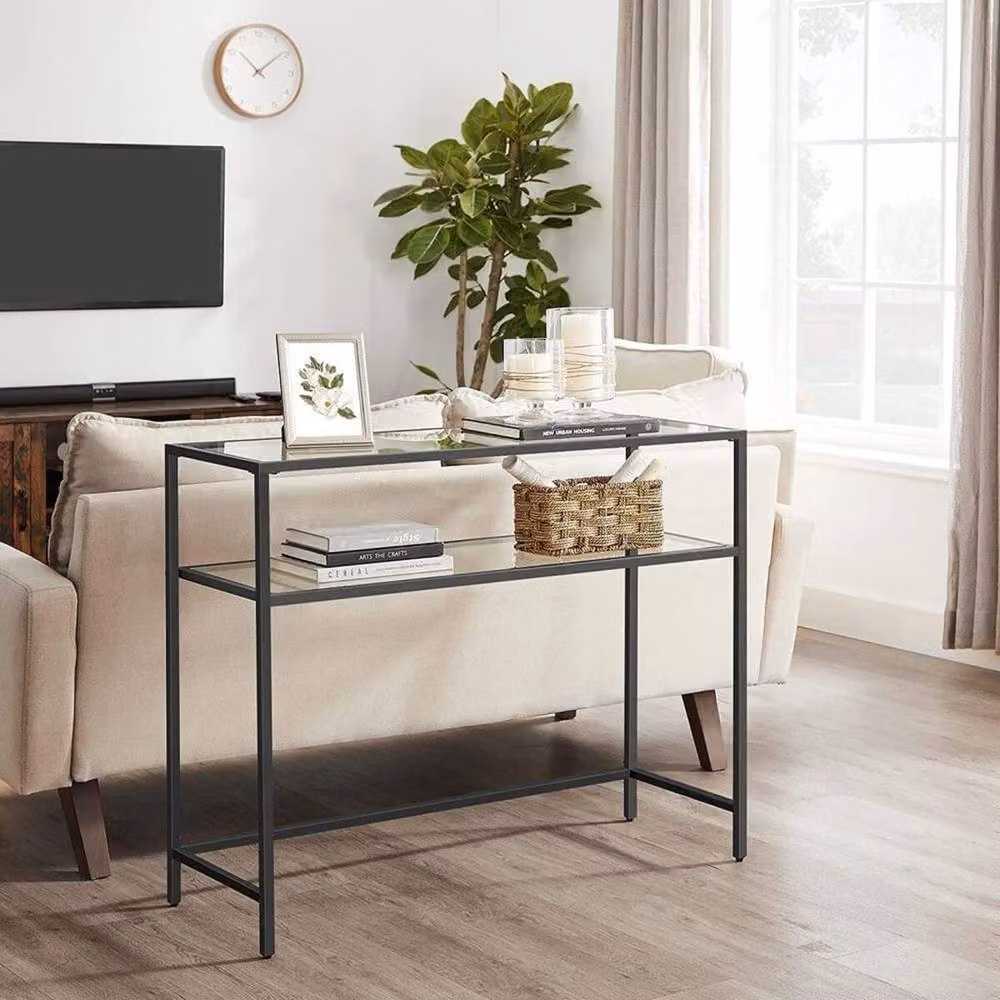 CALICOSY Selia Metal Console Table with 2 Tempered Glass Shelves, Black, W: 90 cm, D: 30 cm, H: 80 cm – 2