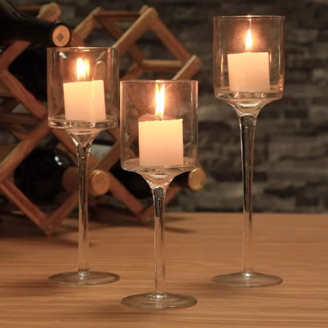 Livingandhome Set of 3 Transparent Glass Tall Stemmed Hurricane Candle Holders for Taper or Pillar Candles