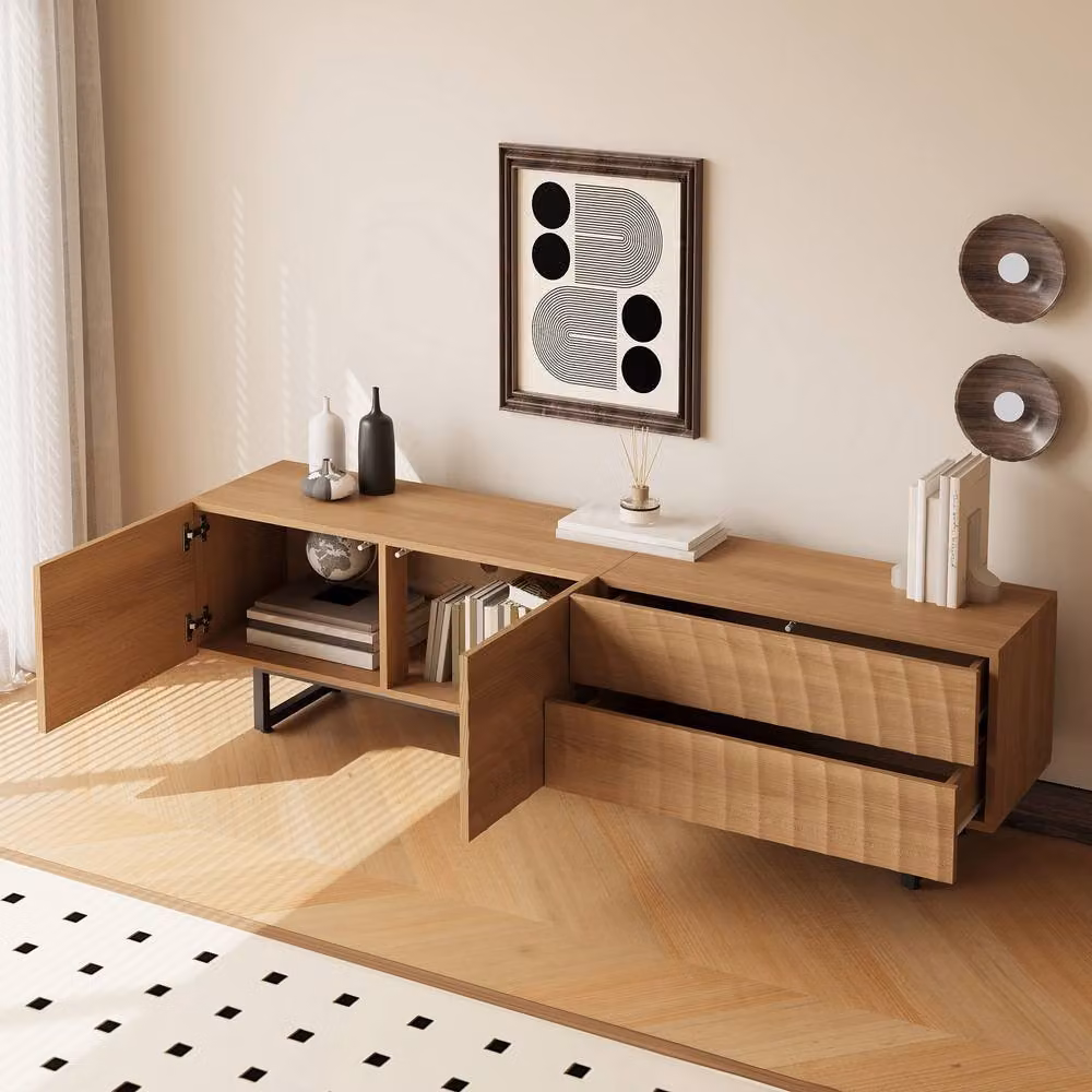 BTM Modern TV Stand Lowboard with 3D Texture Storage Cabinet in Natural Sand, W: 180 cm, D: 38 cm, H: 51.5 cm – 2