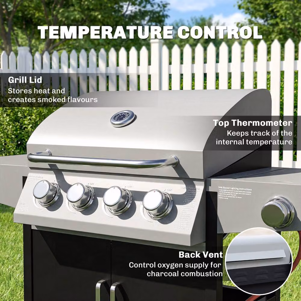 OUTSUNNY 4+1 Burner Propane Gas BBQ Grill with Side Burner and Warming Rack in Silver, W/D/H: 132.4 x 109.0 x 55.0 cm – 5